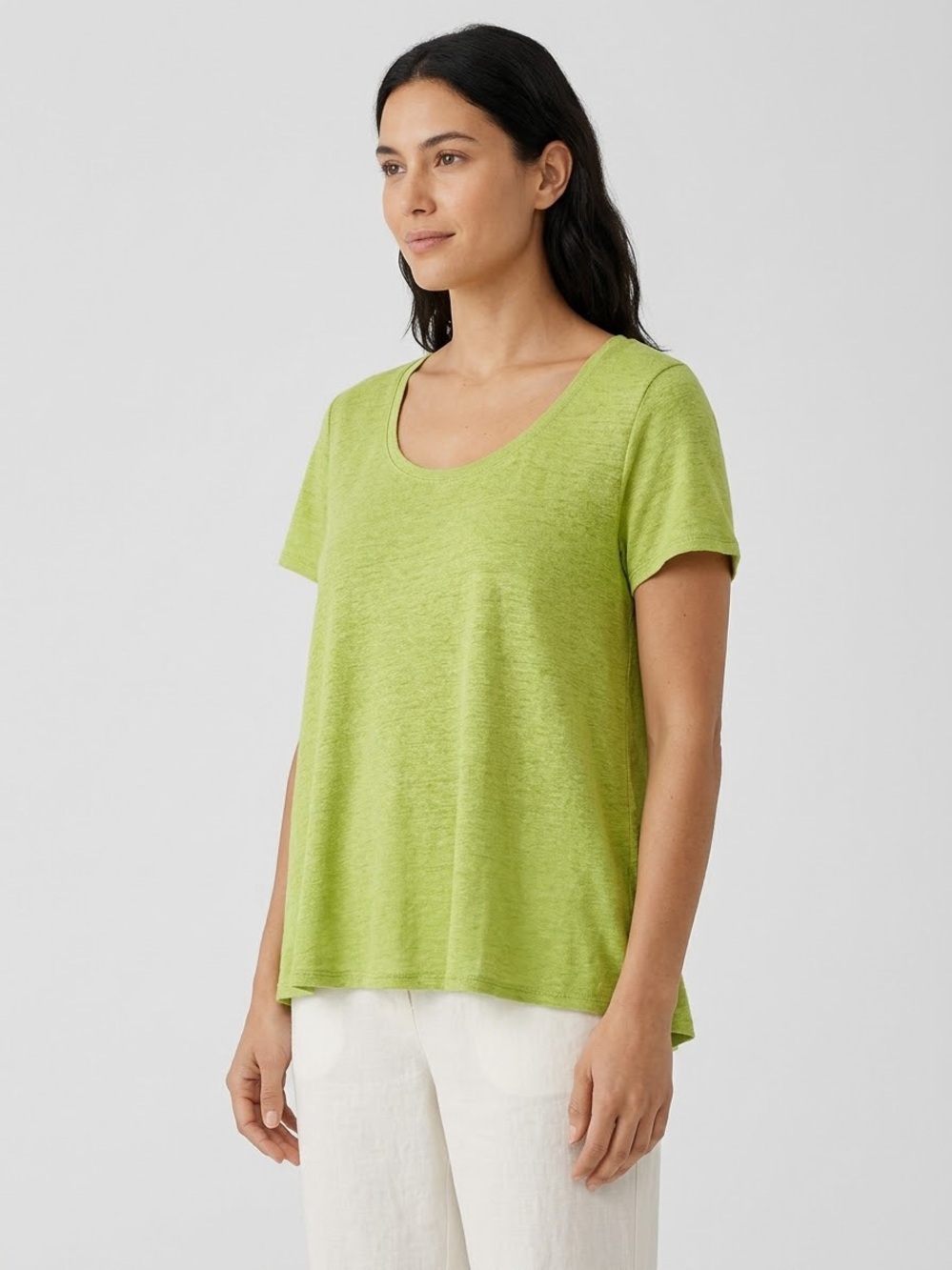 Eileen Fisher Organic Linen Jersey Scoop Neck Short Sleeve Tee Top Flared A-Line
